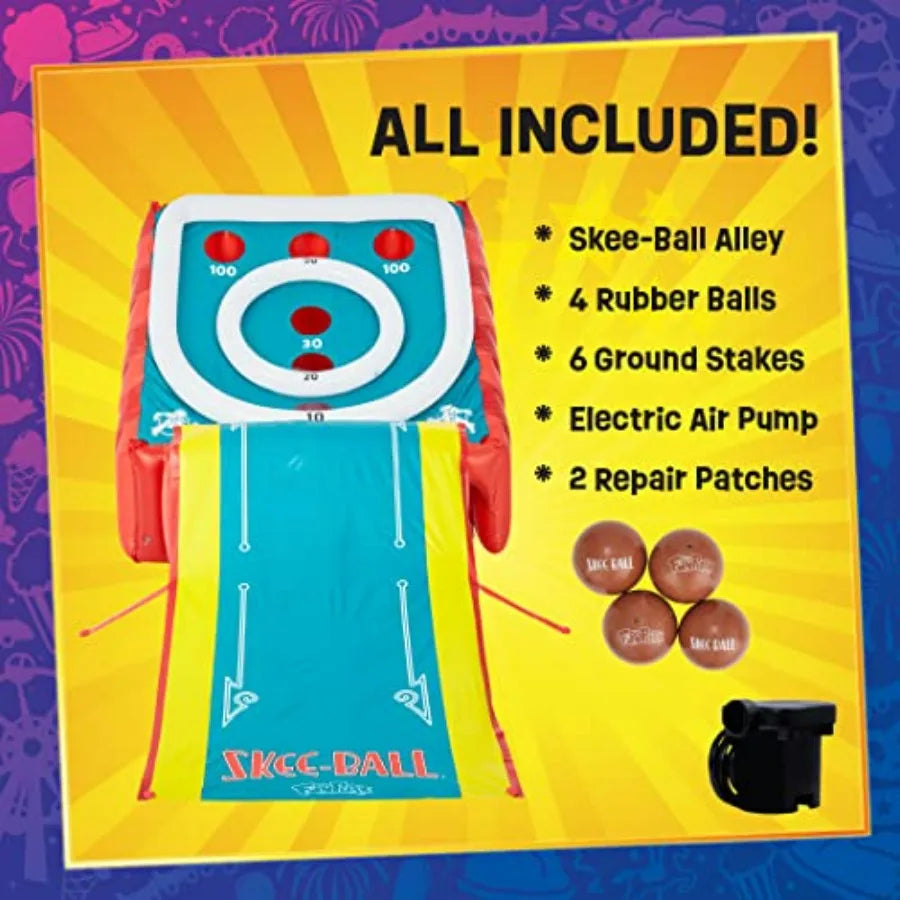 11 Ft Inflatable Skee-Ball Game with 4 Balls and Electric Pump for Backyard Indoor Outdoor Family Fun; Giant Arcade Toy in Blue