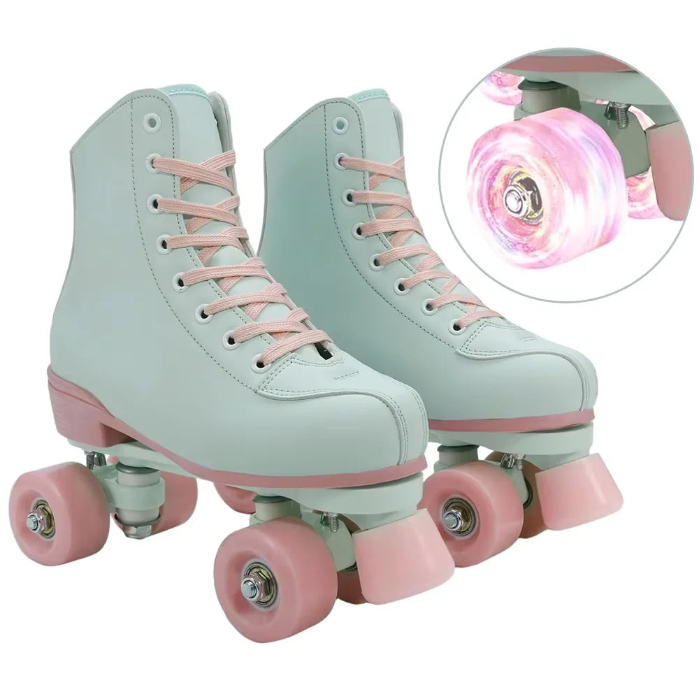 Flashing Double-Row Roller Skates For Women Men Outdoor Skating Beginner Kids 4 Wheels Skate Shoes Boys Girls Quad Sneakers Gift