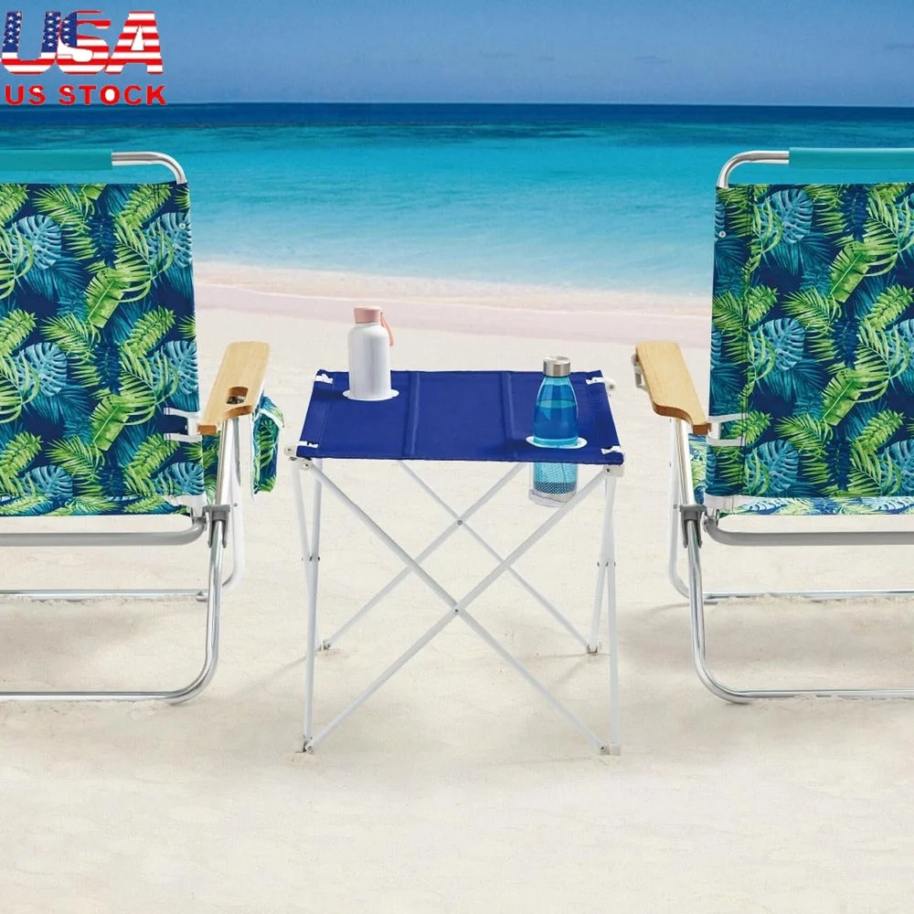 Foldable Portable Beach Table with Rust Resistant Steel Frame Weather Resistant Top and Drink Holders Ideal Camping Picnic