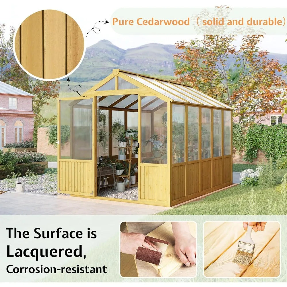 6x8x6.5 ft wooden greenhouse, pre-assembled solid cedar frame, walk-in design, lockable door, adjustable roof vents, polycarbon