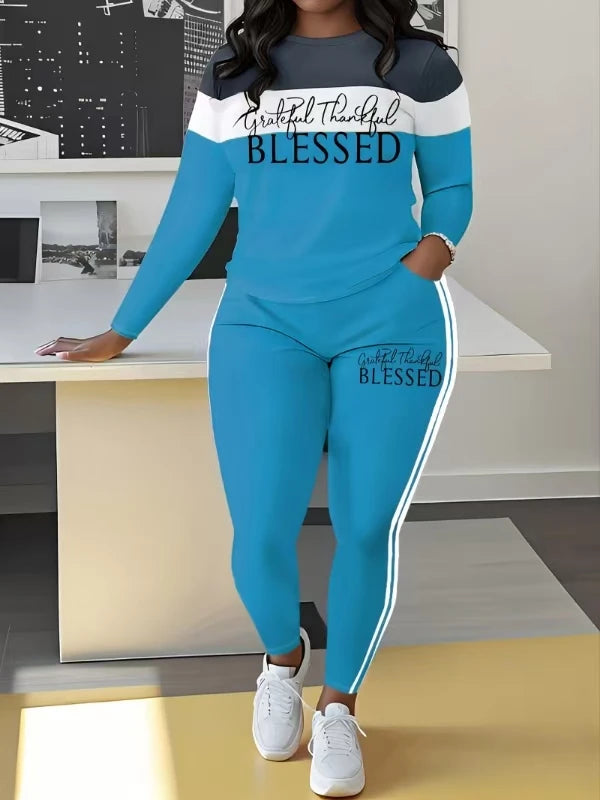 Plus Size Women's Casual Suit, Fashionable Letter Print Striped Color-Blocked Two-Piece Set