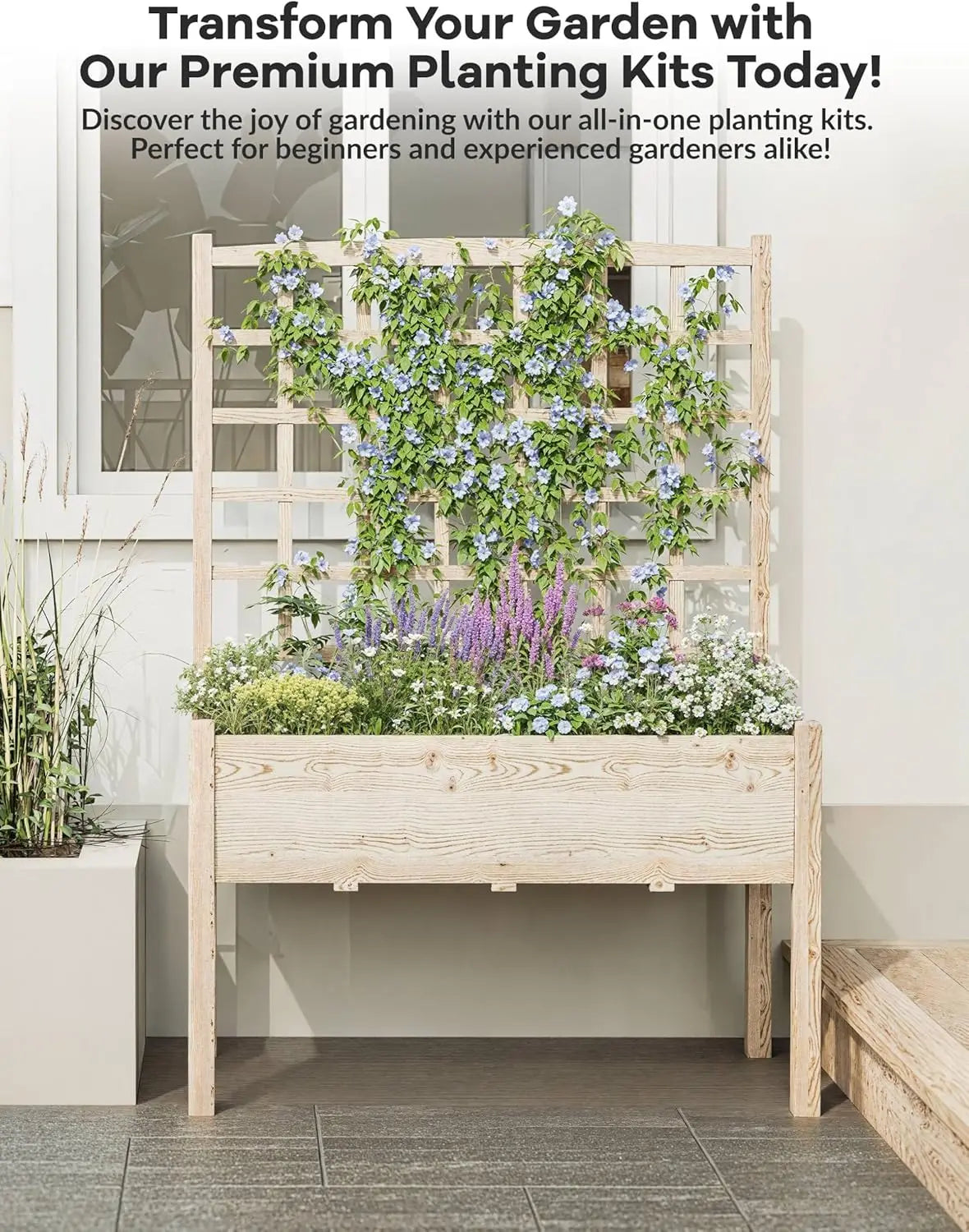 Elevated Garden Bed w/Trellis & Liner - 65" Tall Steel Planter for Veggies, Herbs & Flowers - Patio/Balcony/Backyard