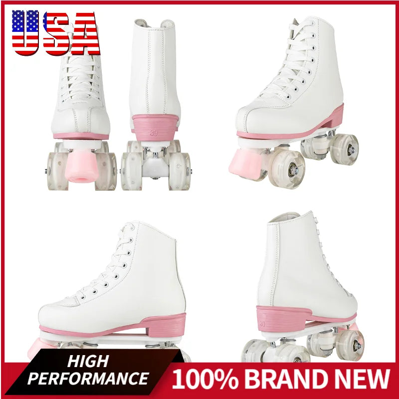 Quad Roller Skates Size 32-40 Adult Women Flashing 4 Wheels Skate Shoes Kids Girls Beginner Outdoor Skating Training Sneakers