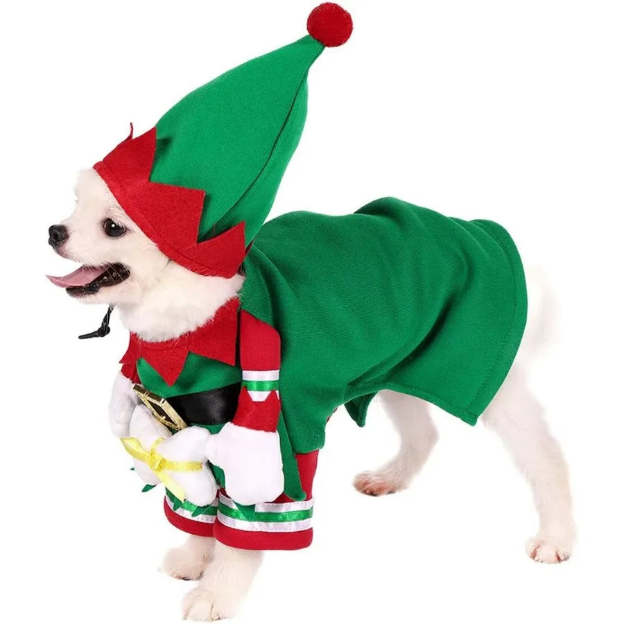 Dog Cat Christmas Elf Costume with Hat Pet Christmas Winter Fleece Coat Clothes Puppy Xmas Outfit Apparel