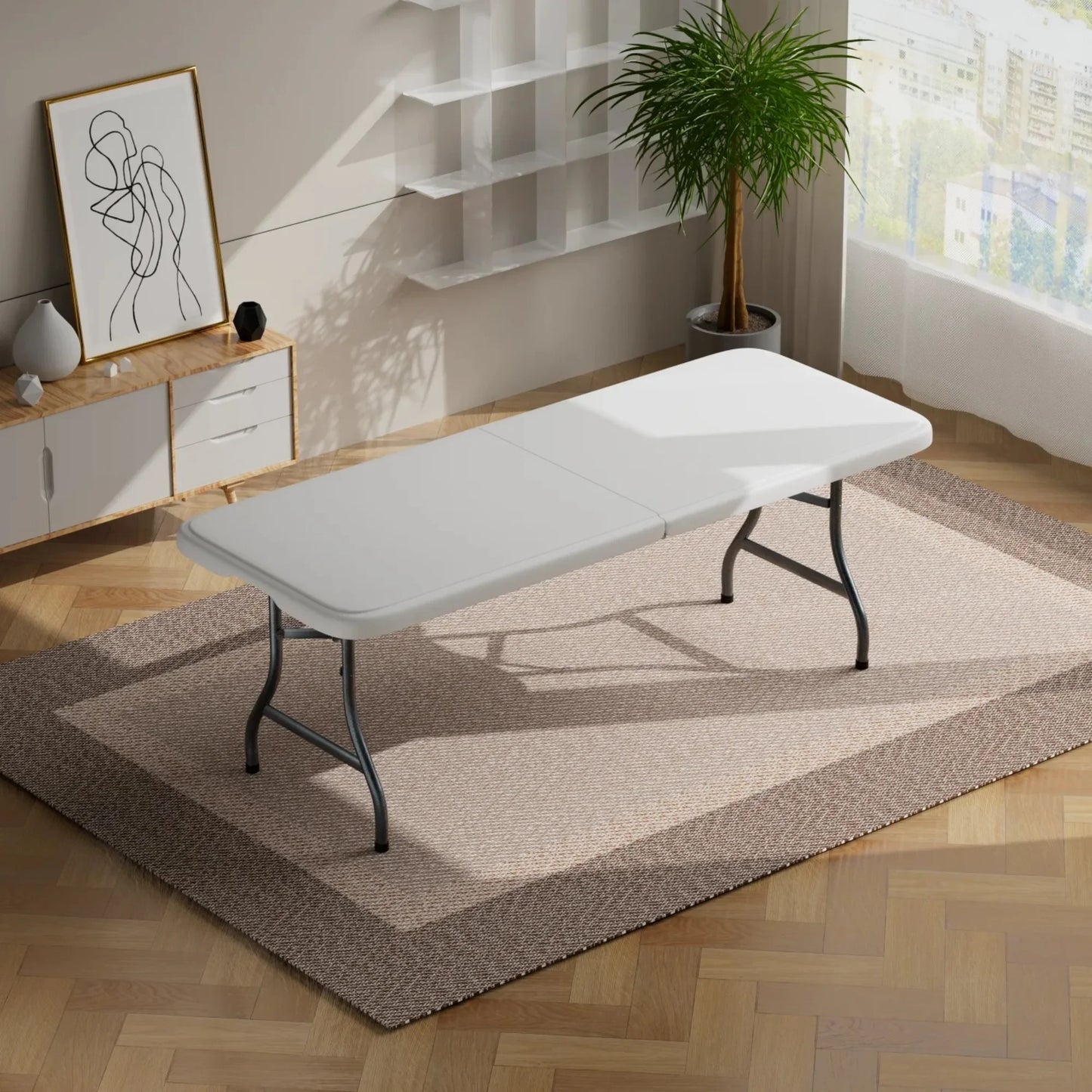 6ft Plastic Folding Table, Portable Folding Table, Outdoor Folding Picnic Table with Sturdy Handles on Both Sides