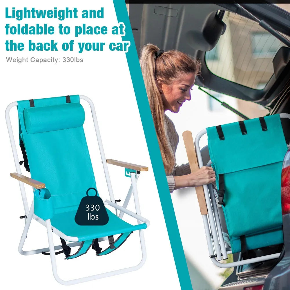 2 Pcs Folding Beach Chair, 4 Position Portable Backpack Camping Chair,Cup Holder