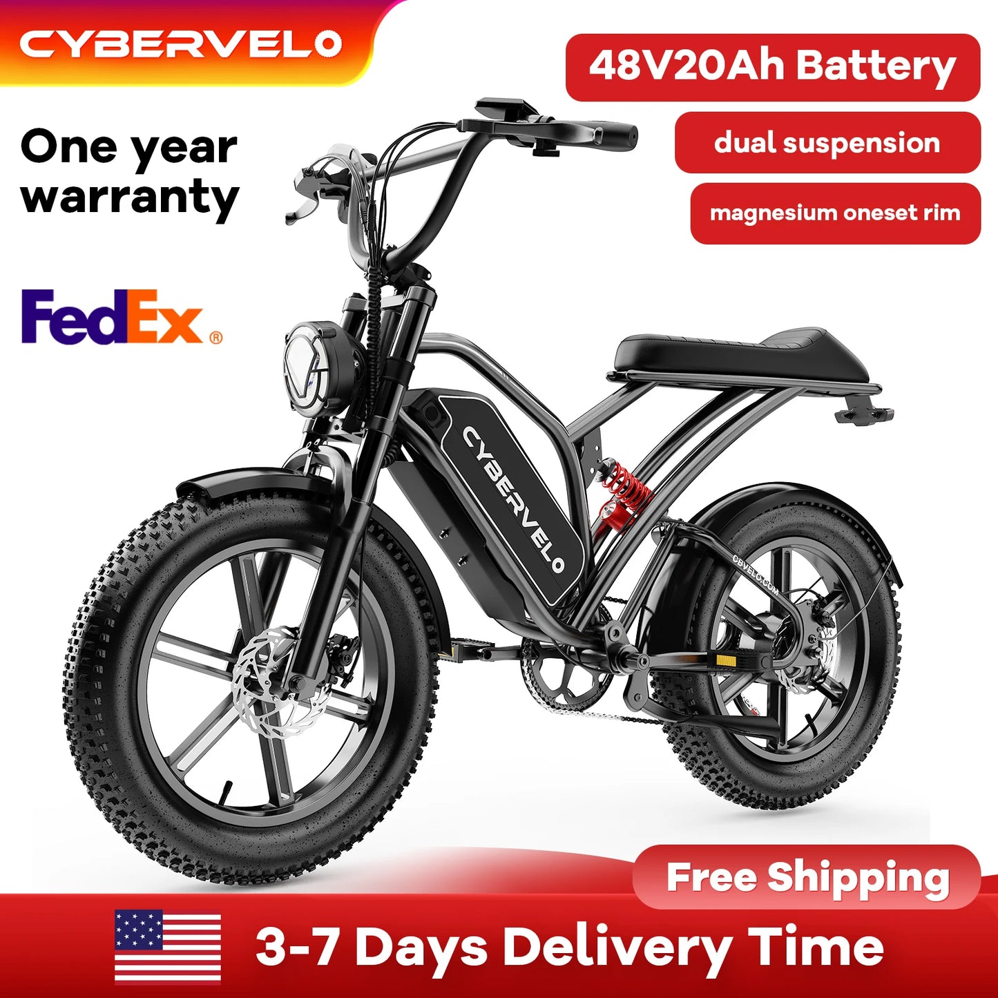 Cybervelo 1600W Peak 20" Fat Tire All-Terrain E-Bike, 80 Miles 30MPH Electric Dirt Bike, E-Motocycle with one year warrenty EK11