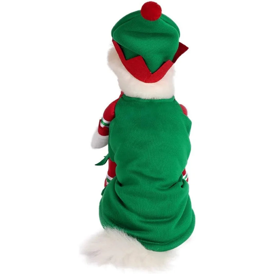 Dog Cat Christmas Elf Costume with Hat Pet Christmas Winter Fleece Coat Clothes Puppy Xmas Outfit Apparel