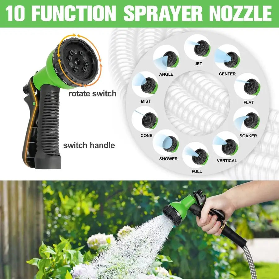 Hose 100ft Stainless Steel Water Hose Super Tough Flexible Water Pipe with Brass Fittings and Sprayer Nozzle, No Kink, Rust Proo