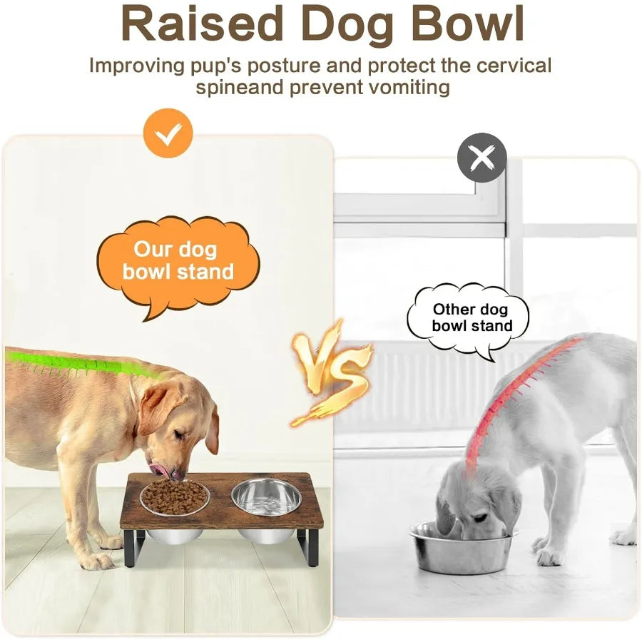 Elevated Dog Bowls for Small and Medium Dogs: Wooden Raised Bowl Stand with Two Stainless Steel Deep Food and Water Dishes Anti