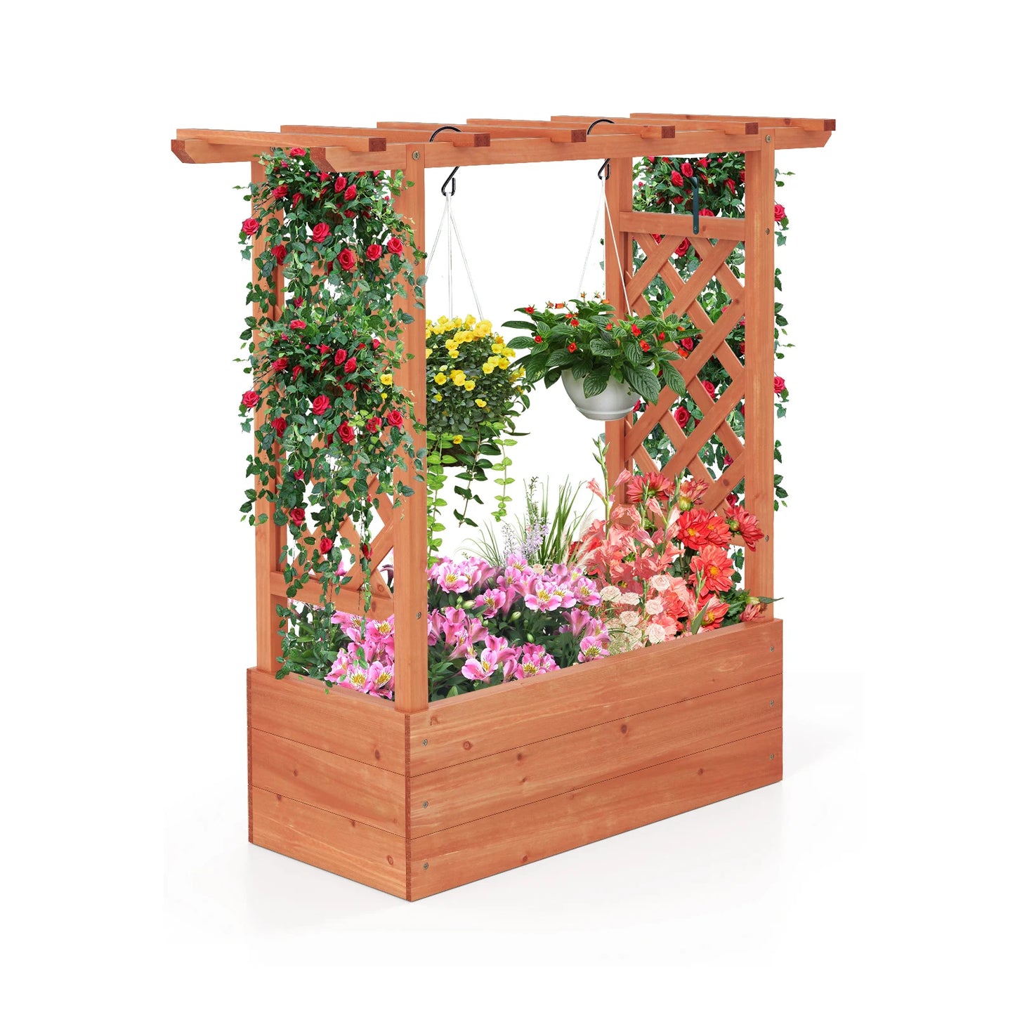 Wooden Raised Garden Bed w/Trellis & Hanging Roof Drainage Elevated Planter Box