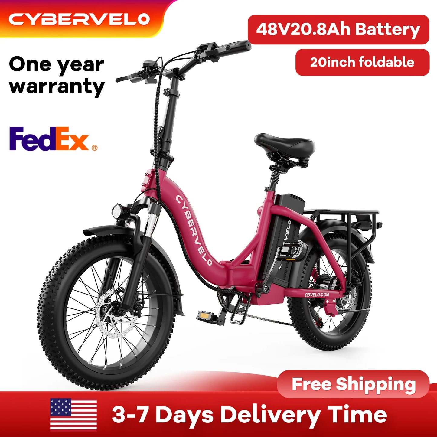 Cybervelo 1000W Folding Electric Bike, 48V 20.8AH Removable Battery for Adults,30+MPH 80 Miles Max Range, 20" Fat Tire Mars700