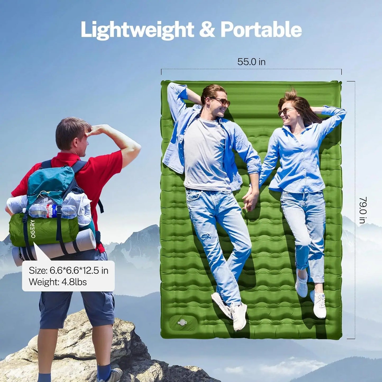 Sleeping Pad for Camping,6"Extra-Thick Reinforced Camping Sleeping Pad with Pillows,Built-in Foot Pump,Ultralight Self Inflating