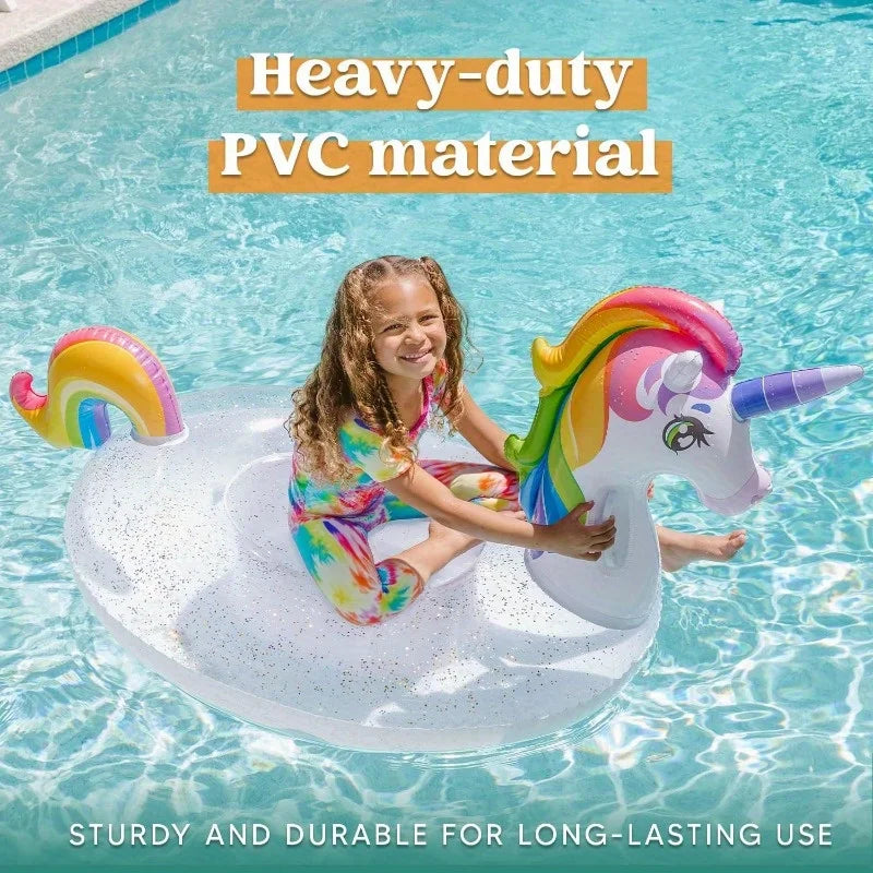 JOYFY Unicorn Pool Float Inflatable Rainbow Unicorn Floaty with Glitters Fun Pool Floats Raft Lounge for Summer DecorationsToys