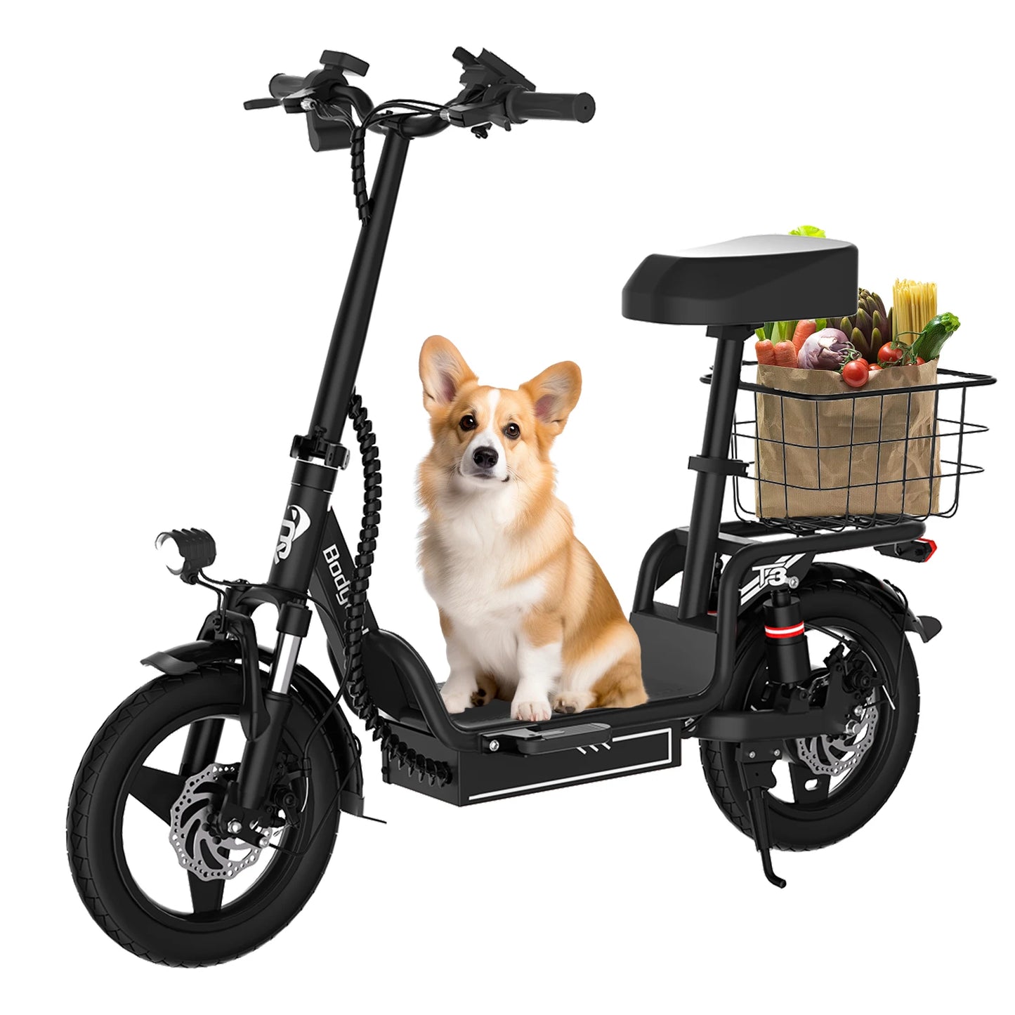 500W Folding Electric Bike with Seat, 48V 9Ah 14 Inch Portable E-Bicycle with Rear Basket for Urban Travel Shopping Bodywel T3