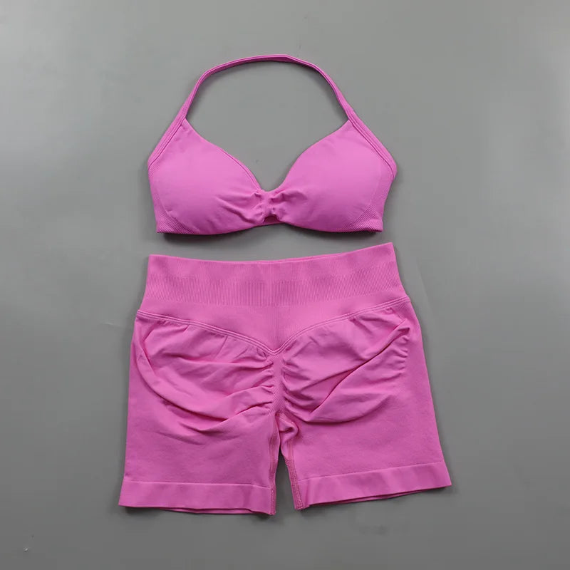 Yoga Strappy Bra Leggings Gym Set Women's Seamless High Elastic Gym Bra Vest Buttock lift Shorts Set Daily Exercise Sports Set