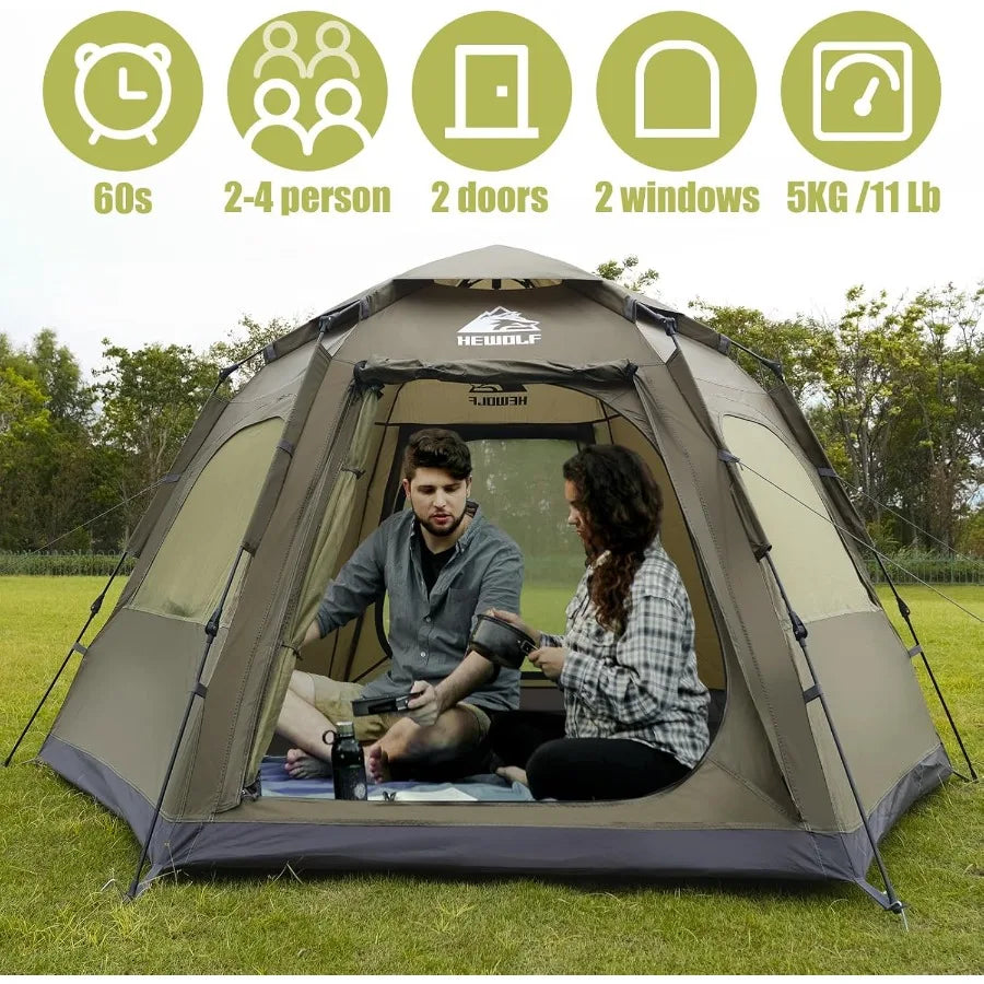 2 3 4 Person Camping Tent Instant Pop Up Waterproof 2 Doors Tent with Easy Setup 3Season Hexagonal Dome Design for Family Hikin