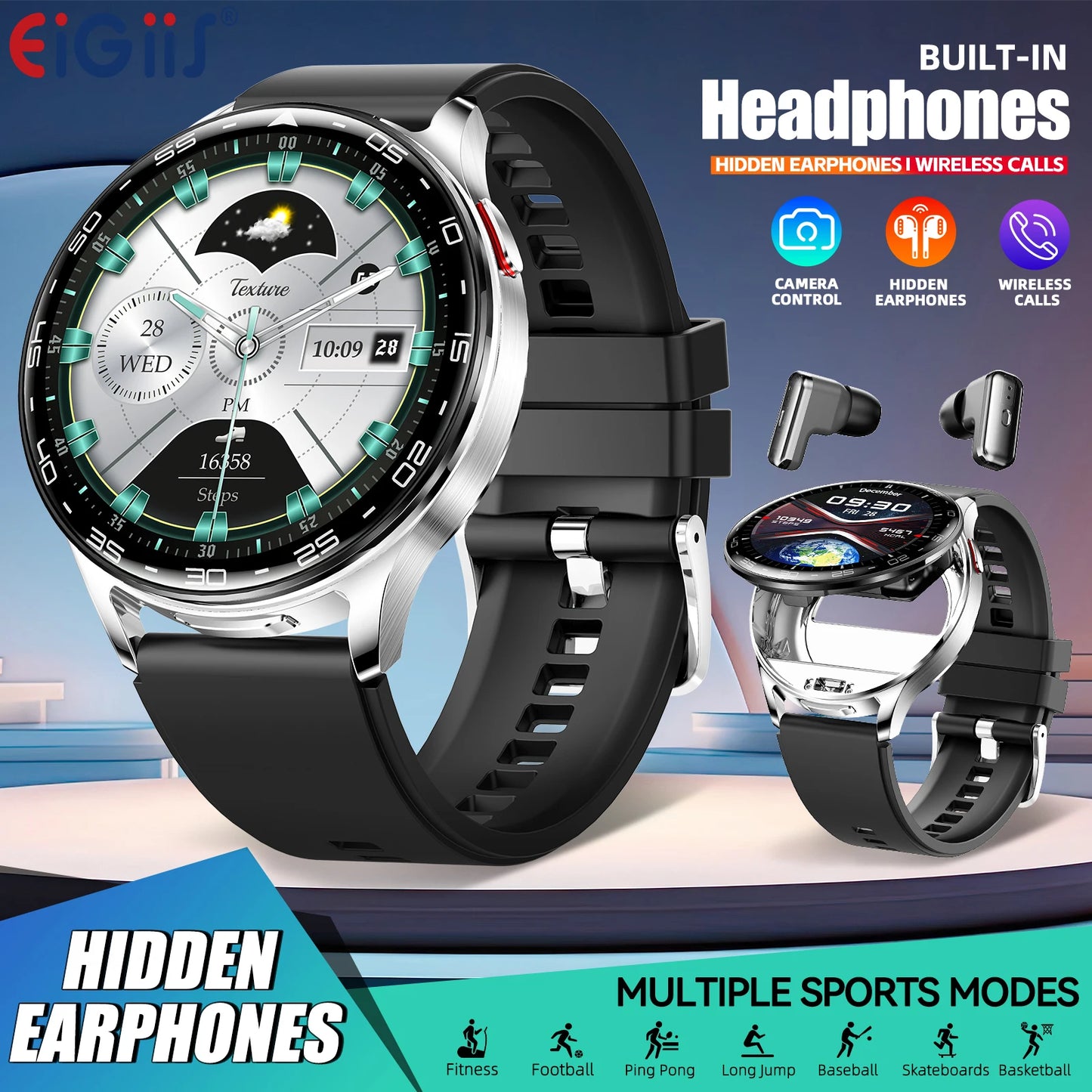 EIGIIIS Smart Watch with Earbuds1.39"HD Fitness Watch with Heart Rate Blood Oxygen Sleep Tracker 2 in1 Bluetooth for iOS Android