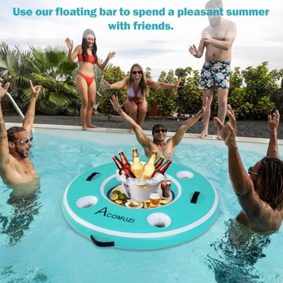 4FT Inflatable Pool Bar with 4 Built-in Cup Holders Floating Cooler for Adults Inflatable Drink Cooler in Blue for Lakes Pools