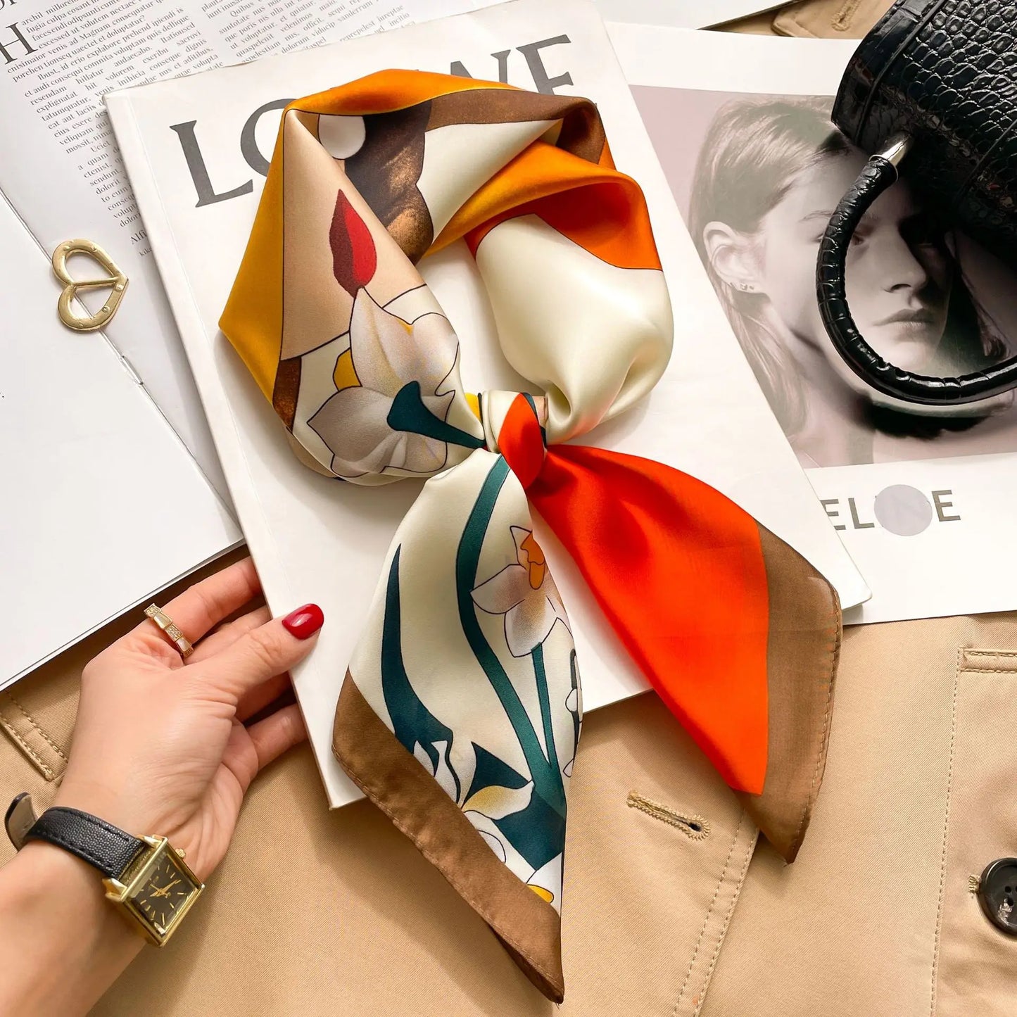 Silk Square Scarf Women Luxury Floral Print Kerchief Soft Satin Hairband Hands Bag Ribbon Foulard Hijab Neckerchief Headband