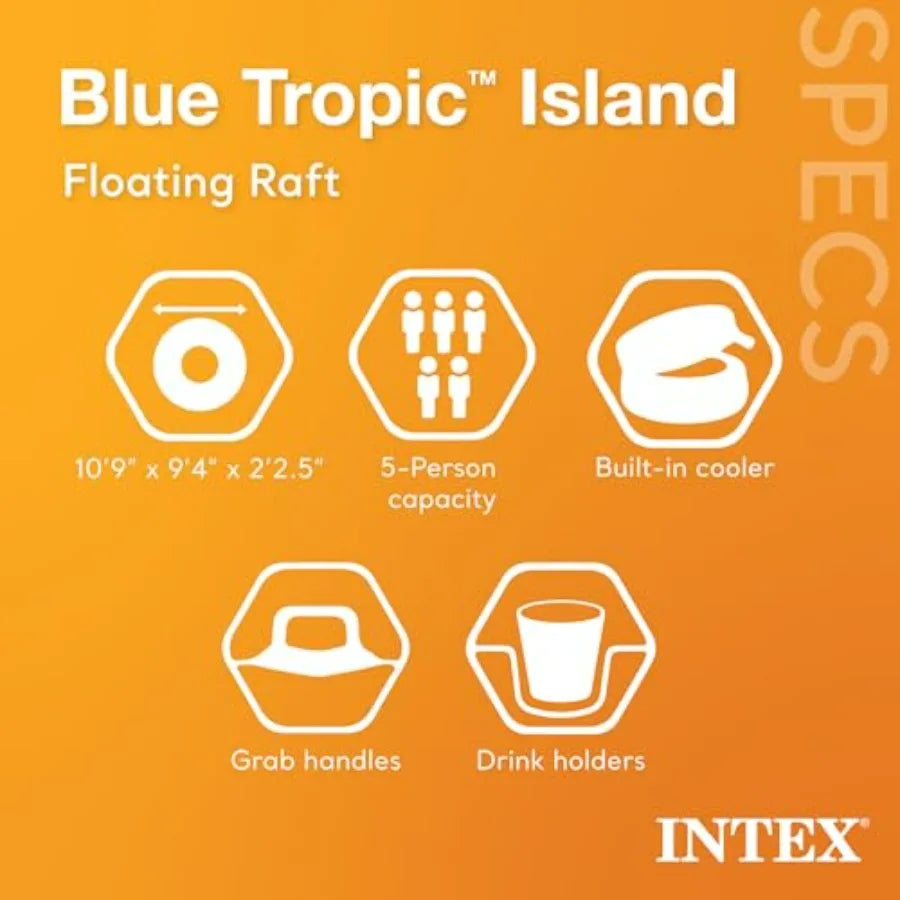 Blue Tropic Inflatable 5 Person Raft with Backrests Built-in Cooler and 4 Cupholders for Swimming Pool Island Water Floating Lo