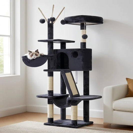 Hey-brother Cat Tree, 53 inch Cat Tower for Indoor Cats, Cat House with Padded Platform Bed, Toy Balls, Large Cozy Condo, Hammoc