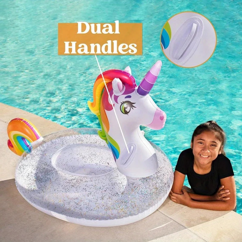 JOYFY Unicorn Pool Float Inflatable Rainbow Unicorn Floaty with Glitters Fun Pool Floats Raft Lounge for Summer DecorationsToys