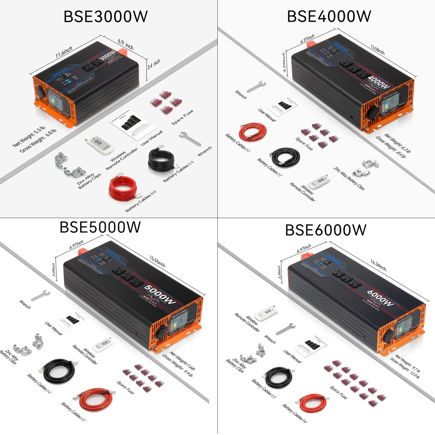 WEIPOER Car Pure Sine Wave Inverter DC 12V/24V to AC 120V 6000W for Car RV – Power Converter with USB, AC Outlets, LCD, Remote