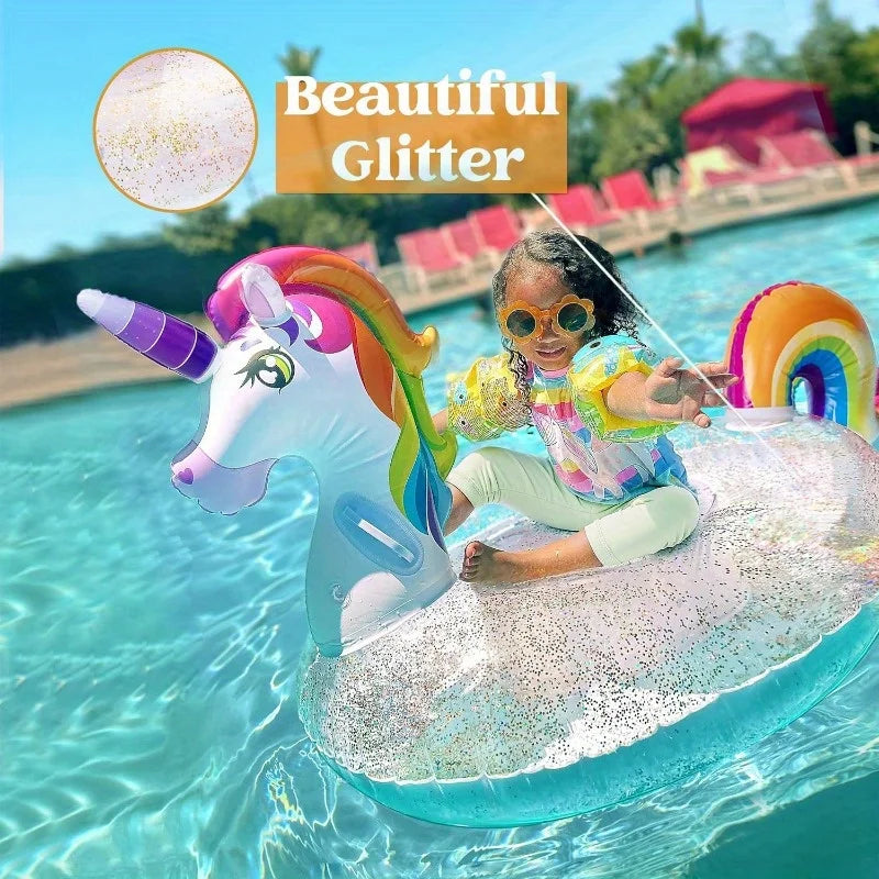 JOYFY Unicorn Pool Float Inflatable Rainbow Unicorn Floaty with Glitters Fun Pool Floats Raft Lounge for Summer DecorationsToys