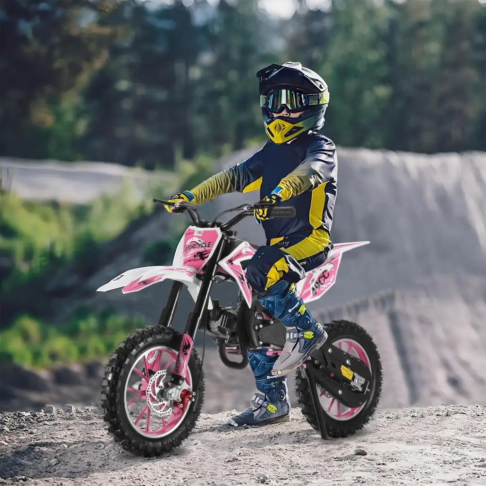 49cc 2-Stroke Pink Dirt Bike, Gas Power Motocross, Equipped With Front And Rear Disc Brakes, Pull-start, Cool Birthday Gift