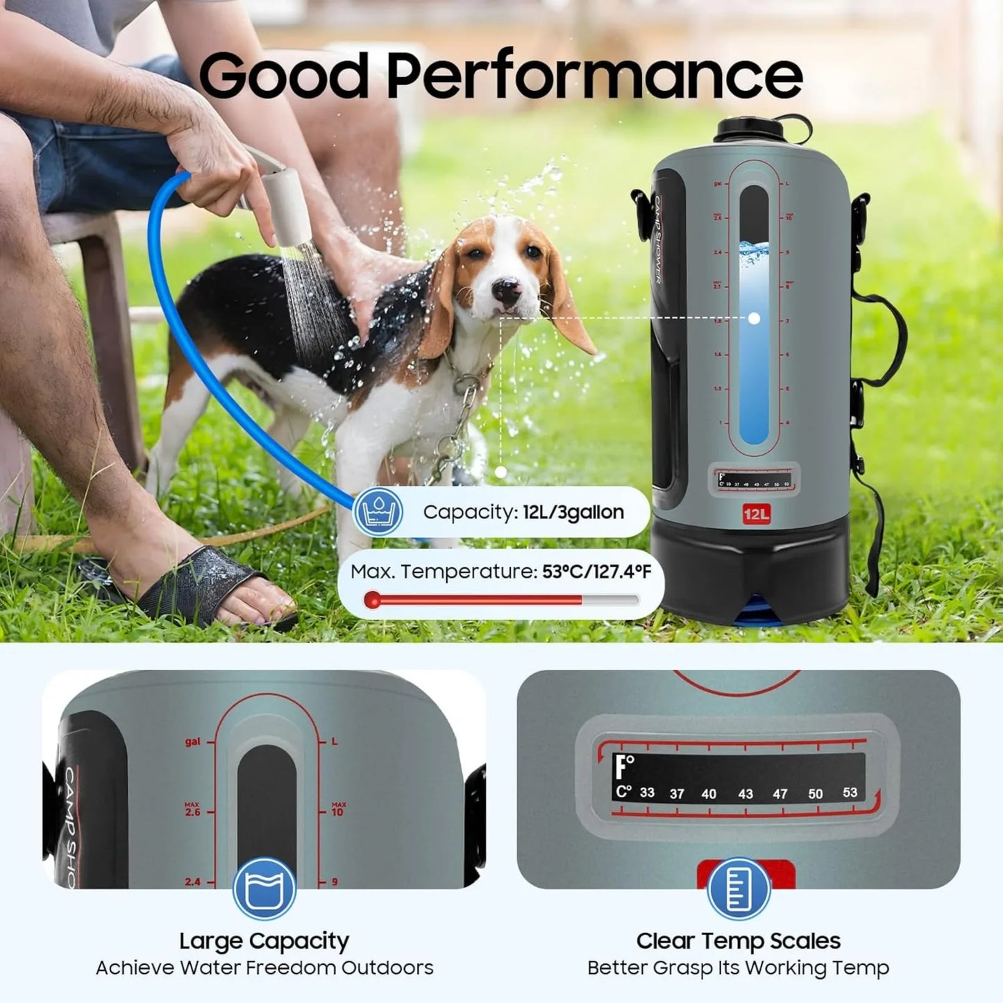 Camping Shower 12L Portable Pressure Camp Shower with Pump 3 Gallon Shower Head & Removable Hose for Trips, Bathing