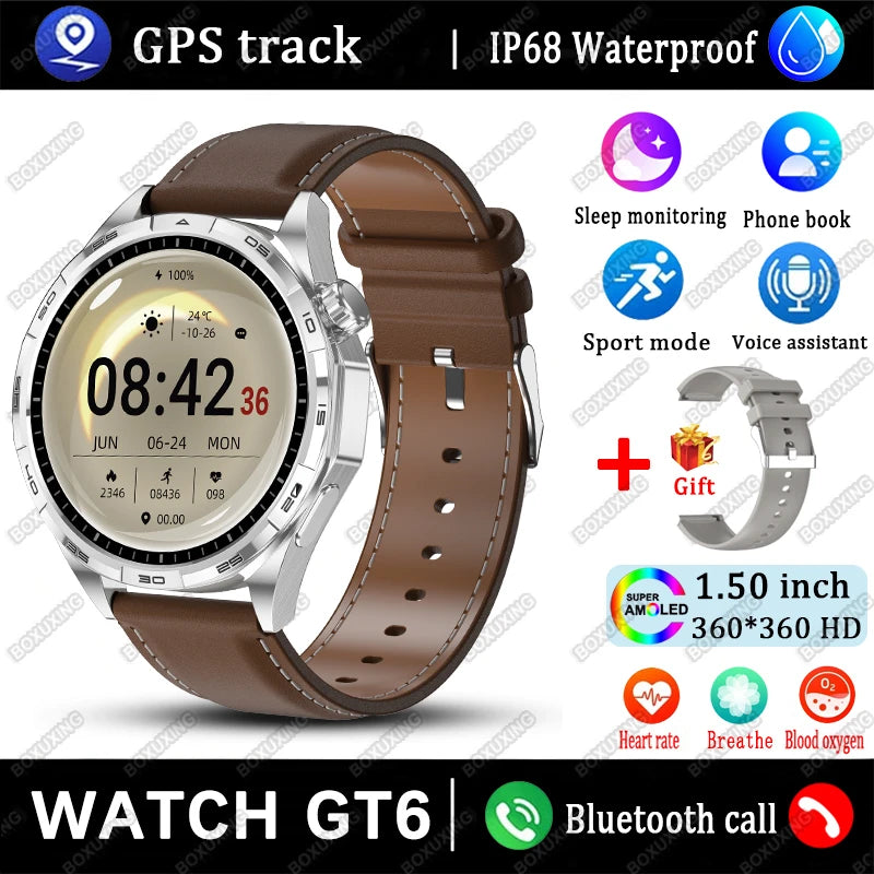 New Watch GT6 Smart Watch Men HD AMOLED Screen Always Show Time GPS Track Heart Rate Bluetooth Call Waterproof Sports Smartwatch