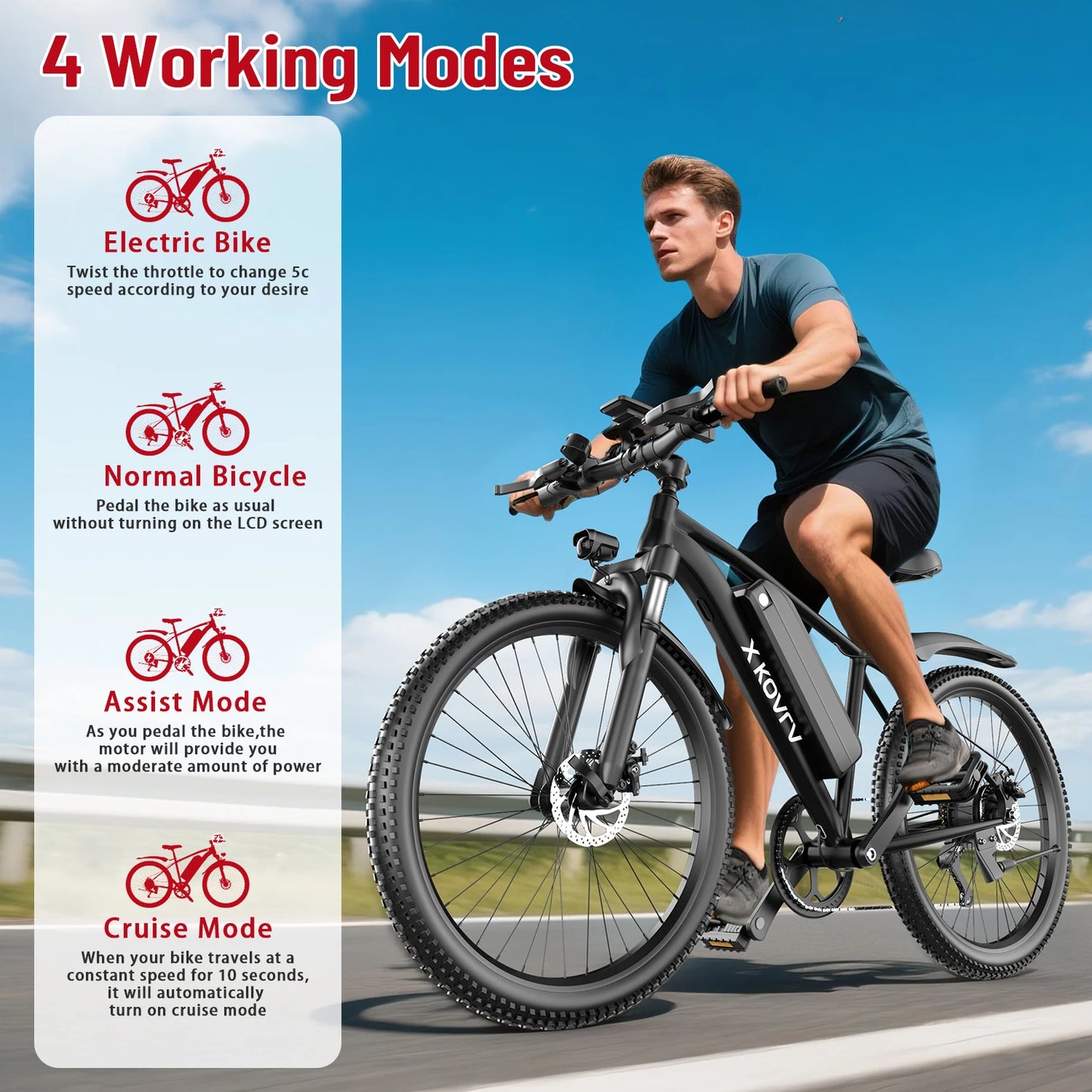 26'' Electric Bike for Adults 1000W Peak Motor 40 Miles 25MPH Commuter EBike 7 Speed Waterproof Pedal Assit Electric Mountain