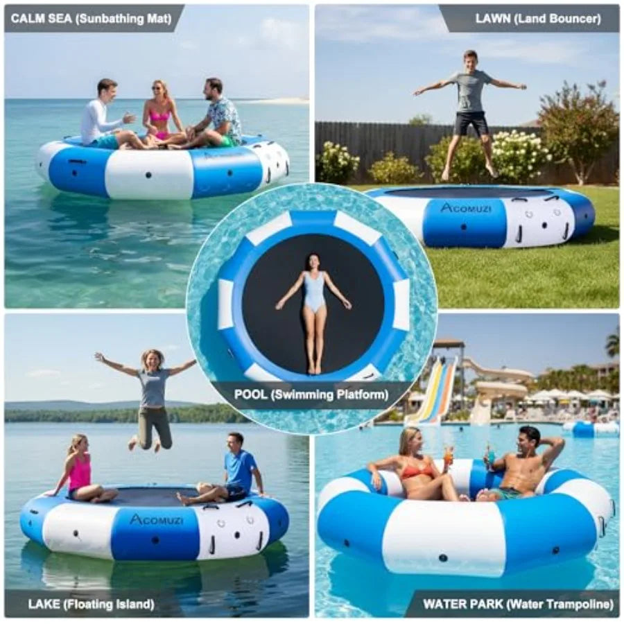 Inflatable Water Trampoline for Lake Pool Ocean 10FT 12FT 15FT Heavy Duty Floating Bounce Swim Platform with Ladder Ropes in Bl