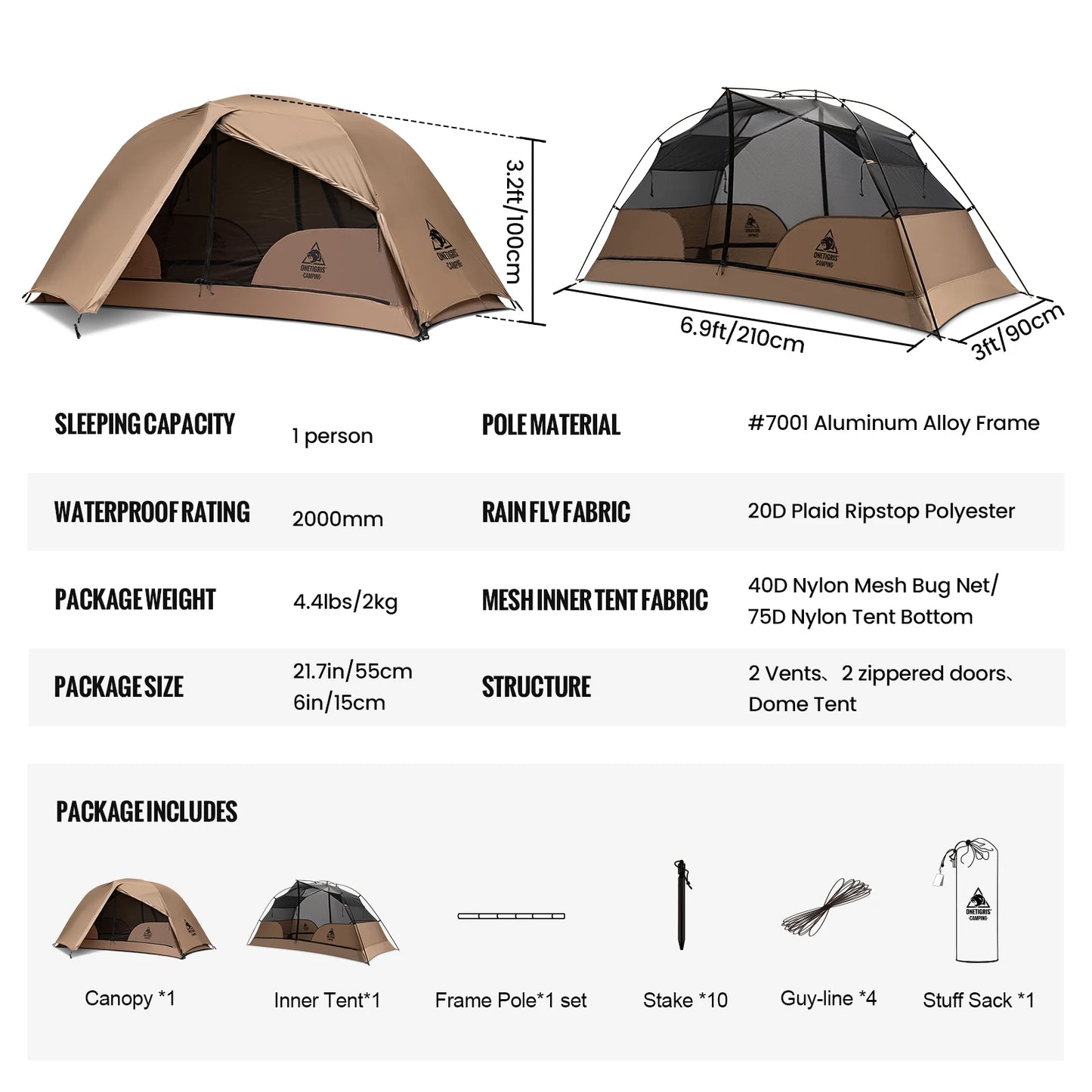 OneTigris COSMITTO 2.0 Camping Tent 1 Person Lightweight Waterproof Double Layer 3 Season Tent for Outdoor Hiking Travel Beach