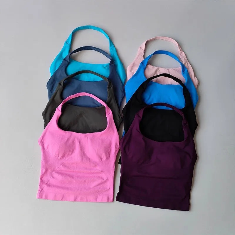 Neck Halter Shockproof Sport Longline Strappy Top Halterneck Vest Medium Support Yoga Gym Workout Seamless  Fitness Sport Bra