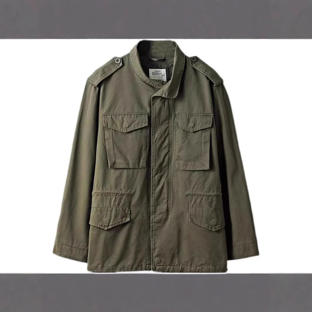 Vintage Men's Cargo Jacket Casual Solid Coat Mens Clothes Multi-Pocket Jacket Retro Jackets for Men Green Outdoor Windbreaker