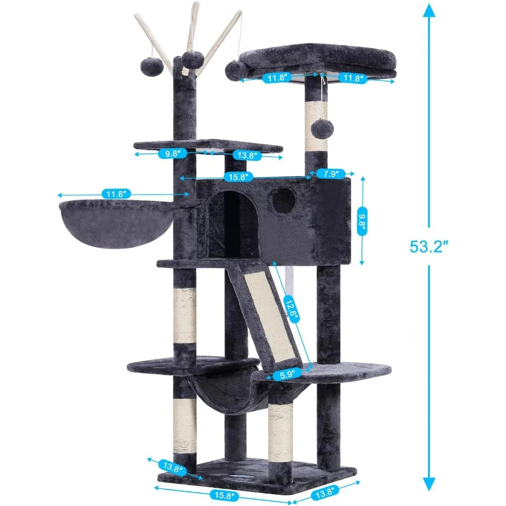 Hey-brother Cat Tree, 53 inch Cat Tower for Indoor Cats, Cat House with Padded Platform Bed, Toy Balls, Large Cozy Condo, Hammoc