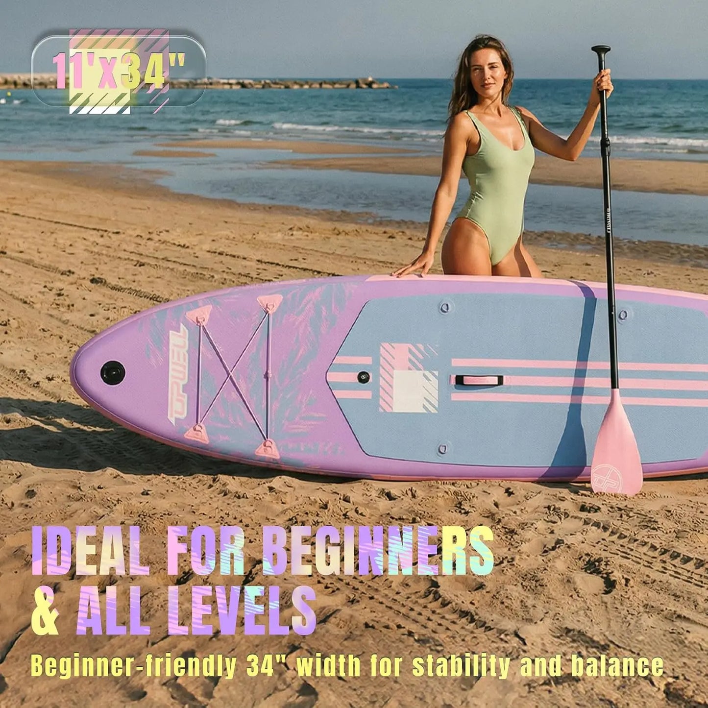 11'×34" Inflatable SUP Board for Adults & Teens, Premium Accessories, 120L Backpack, Paddle, Leash, Hand Pump, Fins