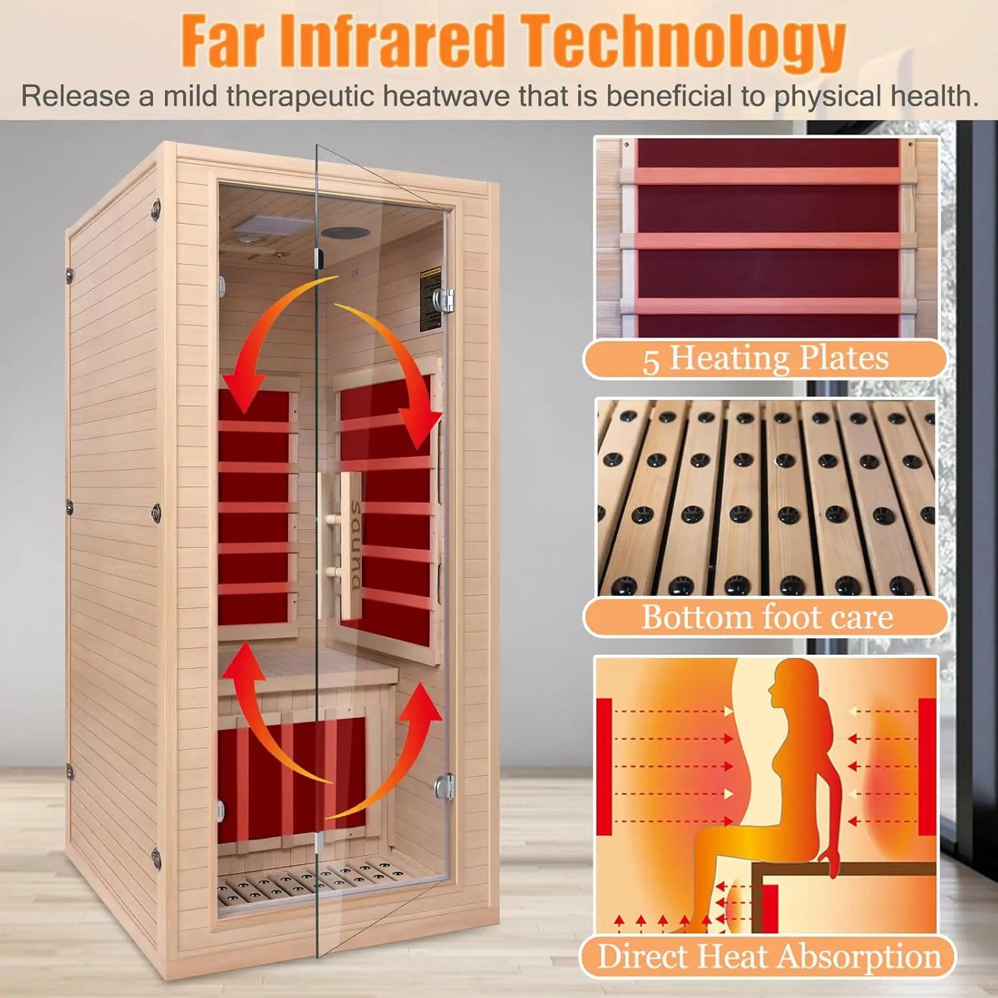 Portable 1 Person Far Infrared Sauna for Home - Low EMF Carbon Fiber Heat with Bluetooth & Chromotherapy, Natural, Customized