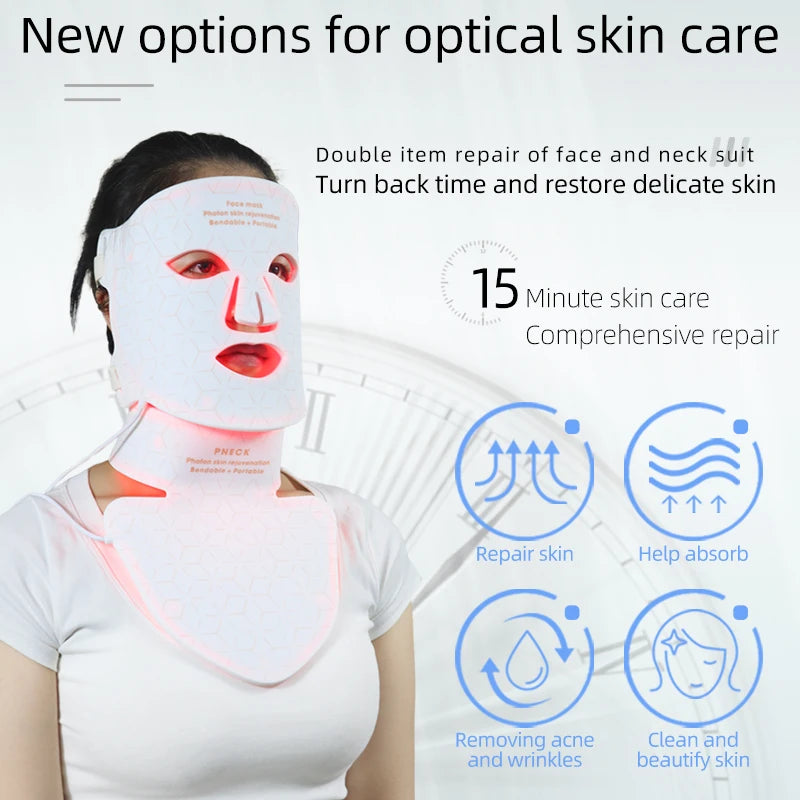 Silicon 4 Colors Light LED Facial Mask With Neck Beauty Infrared Red Light Photon Therapy Facial Mask Skin Rejuvenation Home Use