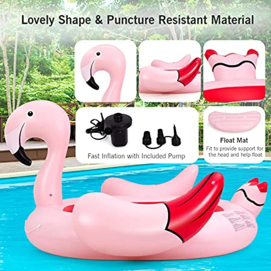 Giant Flamingo Pool Float for 4-6 People Inflatable Raft with Air Pump and 6 Cup Holders Pink Floating Island Toy for Adults Pa