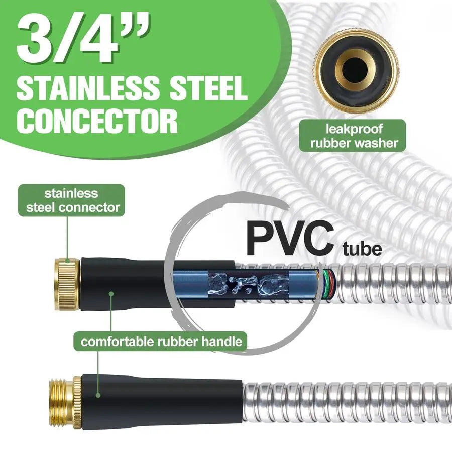Hose 100ft Stainless Steel Water Hose Super Tough Flexible Water Pipe with Brass Fittings and Sprayer Nozzle, No Kink, Rust Proo