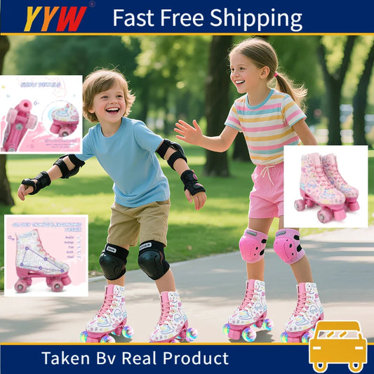 4 Wheels Skate Shoes Kids Girls Beginner Outdoor Skating Training Sneakers Quad Roller Skates Size 28-41 Adult Women Flashing