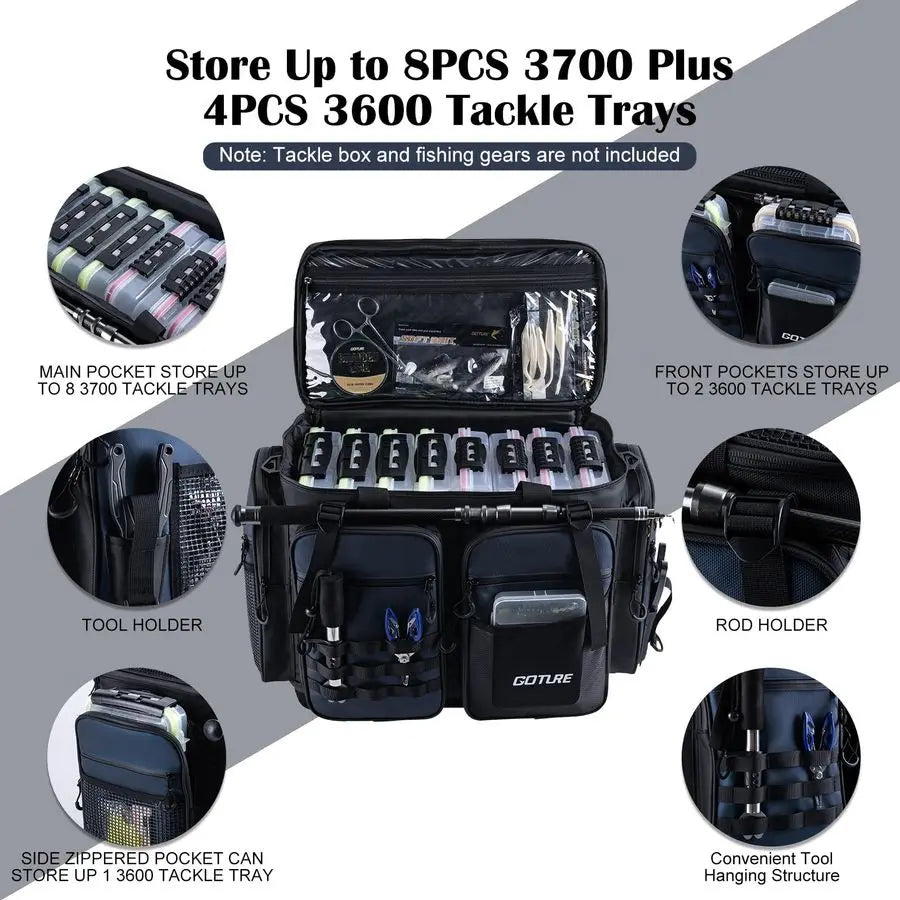 Large Tackle Bag,1800D PVC Waterproof Saltwater Gear Storage Big Fishing Bag with EVA Bottom,Store Up to 8PCS 3700 Plus 4PCS 360