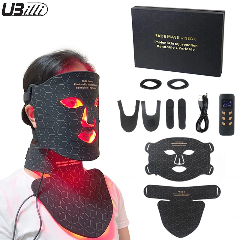 Silicon 4 Colors Light LED Facial Mask With Neck Beauty Infrared Red Light Photon Therapy Facial Mask Skin Rejuvenation Home Use