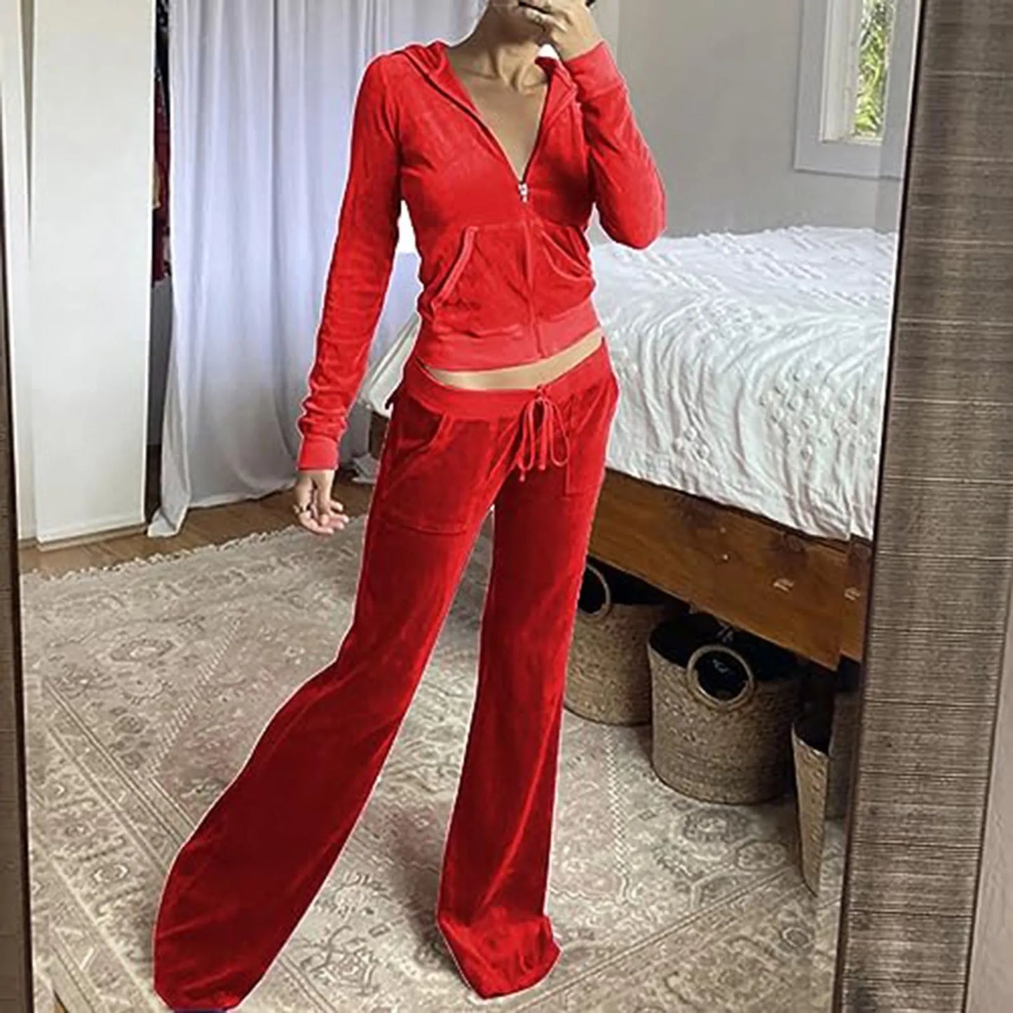 Women Velvet Jogging Suit Autumn Casual Velour Hoodie Cropped Top Jacket With Wide Leg Pants Tracksuits Women's Two Piece Set