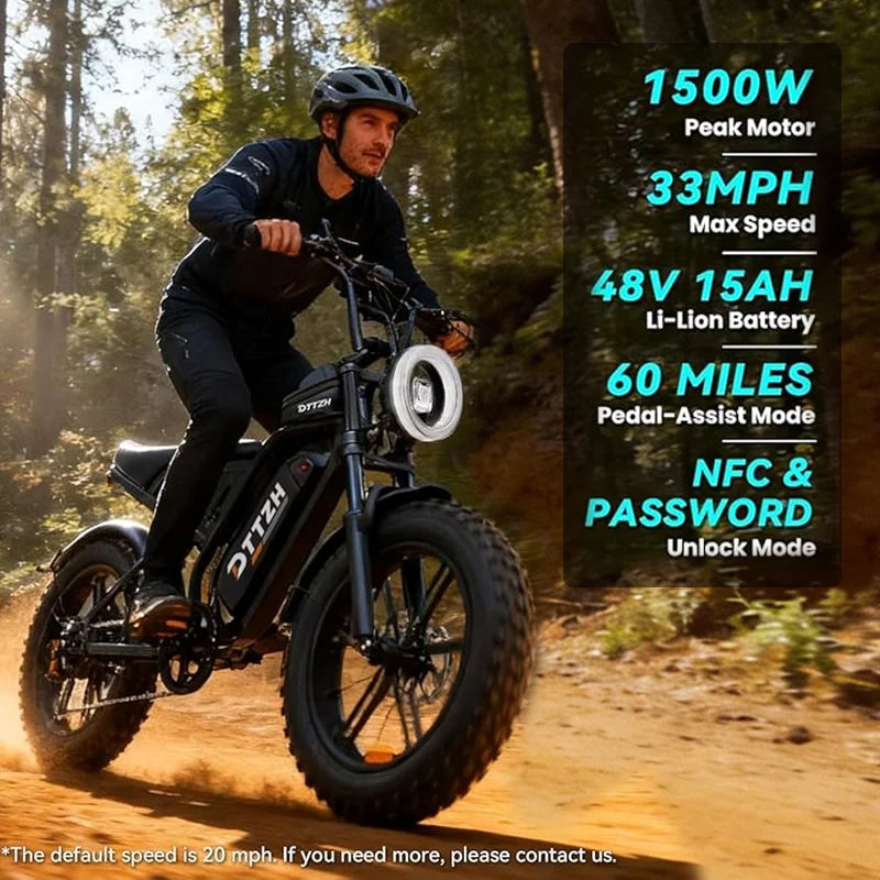 F62000w48V25A Electric Bike for Adults with NFC & Password Unlock Electric Motorcycle 20" Fat Tire Electric Dirt BikeAll-terrain