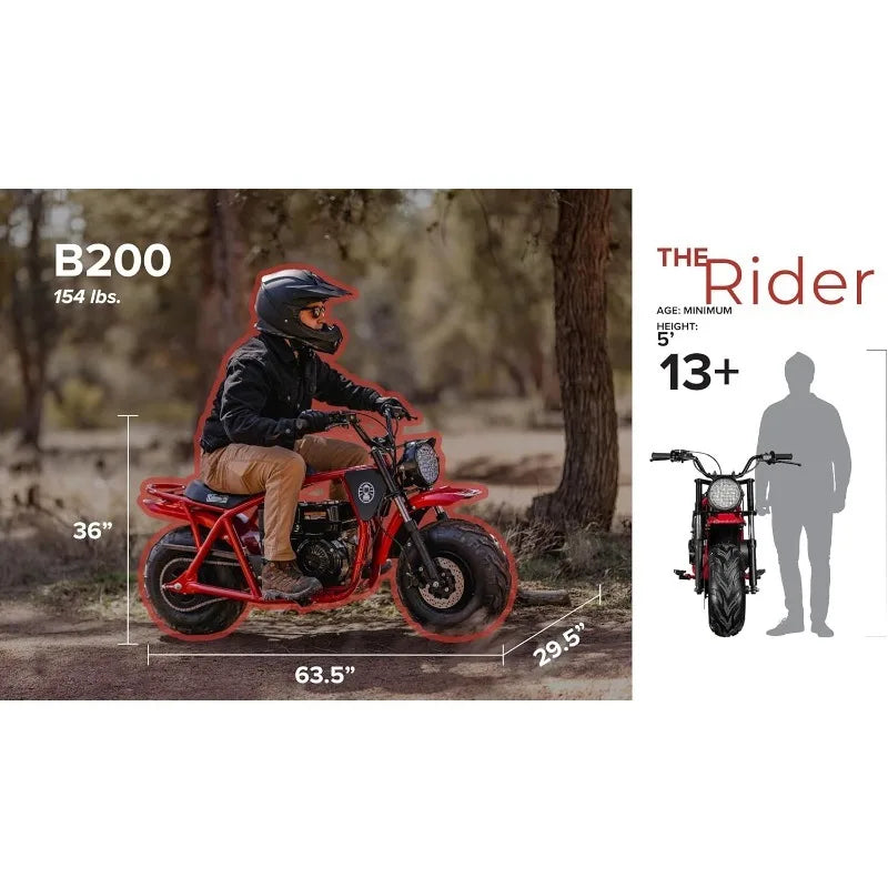 B200 196cc Gas Powered Minibike for Kids and Adults, 1-Cylinder, 4-Stroke, 30 Mph, 200 lbs Maximum Load, Ide