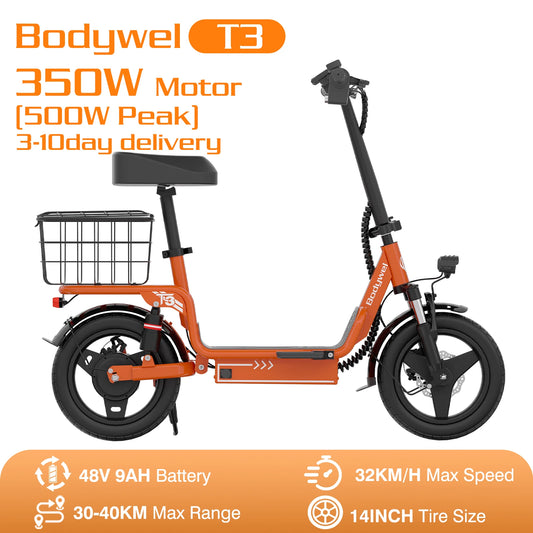500W Folding Electric Bike with Seat, 48V 9Ah 14 Inch Portable E-Bicycle with Rear Basket for Urban Travel Shopping Bodywel T3